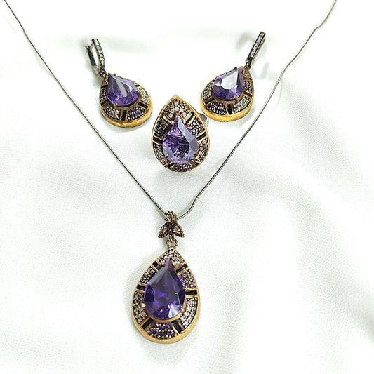 Parure en bronze et argent – Goutte royale améthyste