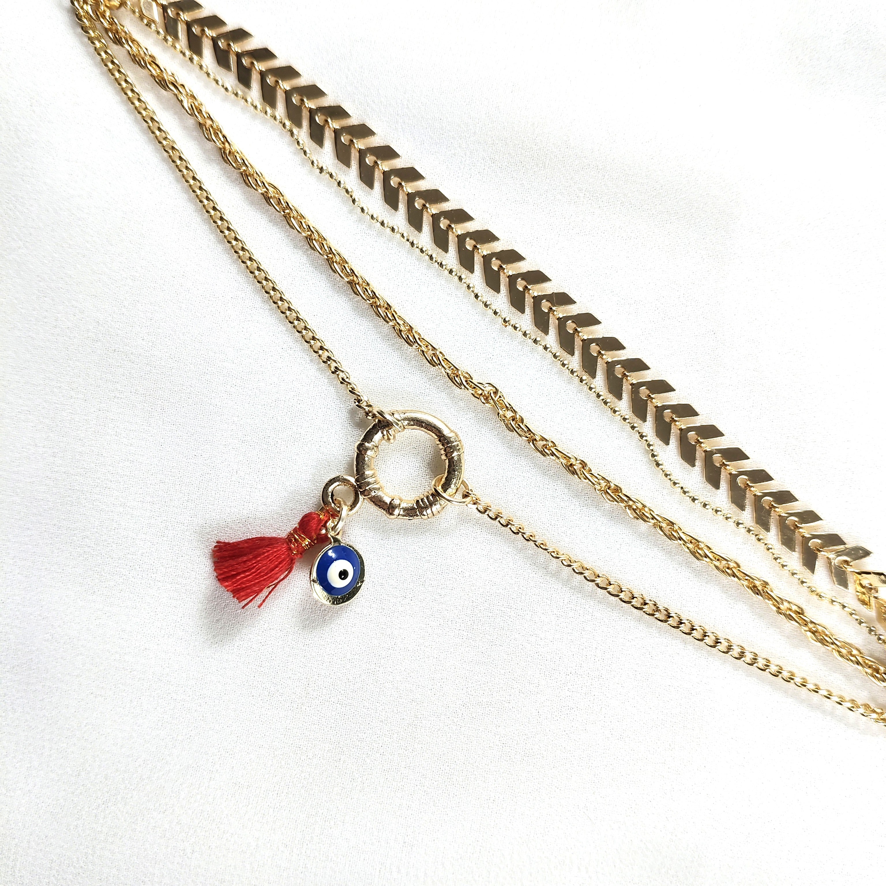 Bracelet Fantaisie Doré Multi-Chaînes avec Œil Protecteur