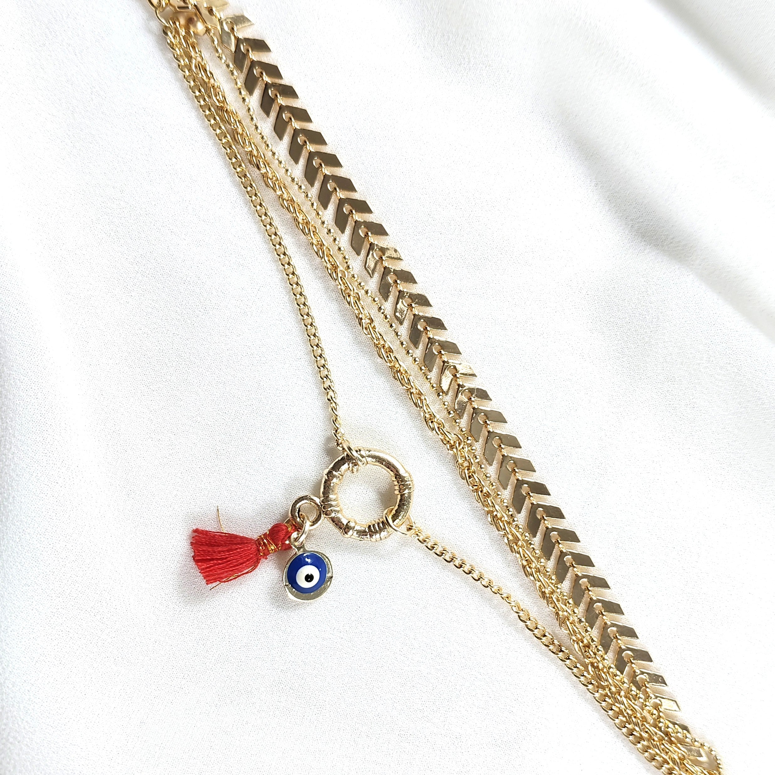 Bracelet Fantaisie Doré Multi-Chaînes avec Œil Protecteur