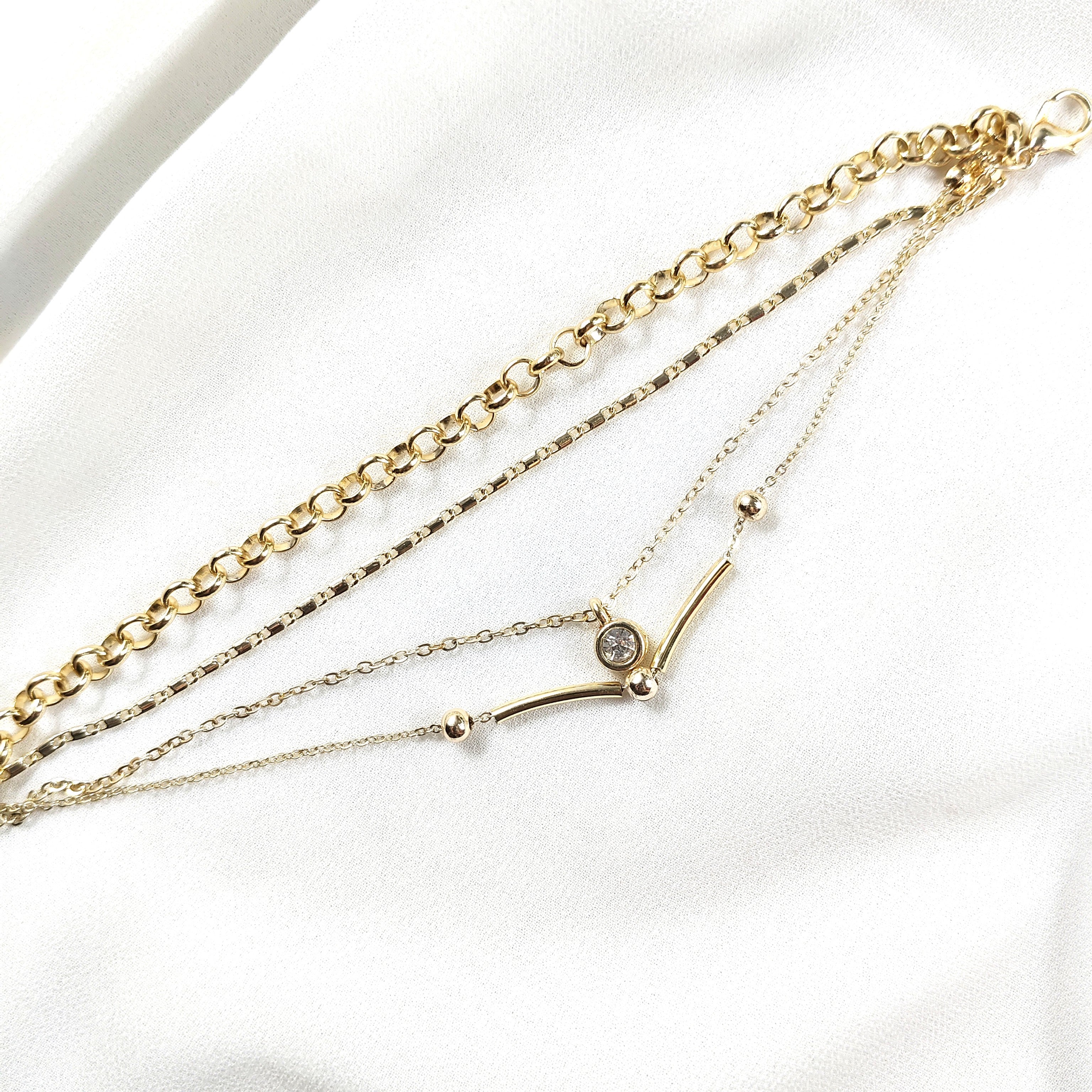 Bracelet Fantaisie Doré Multichaînes & Élément Cristal