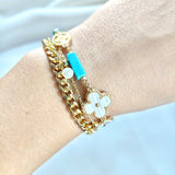 Bracelet Fantaisie Doré Fleur Nacrée & Perles Turquoises