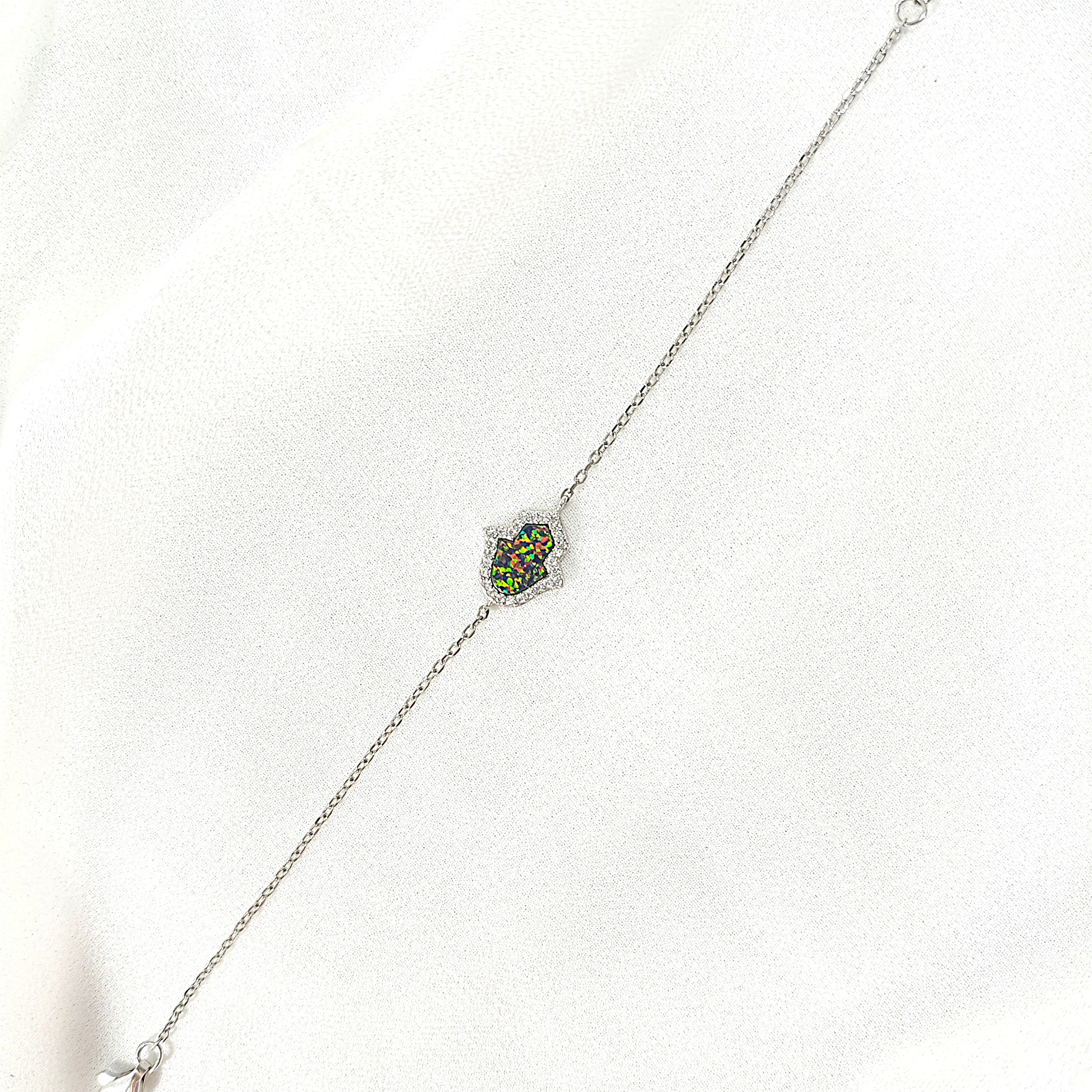 Gourmette Main de Fatma en Argent & Opale Noire – Éclat Mystique & Protection