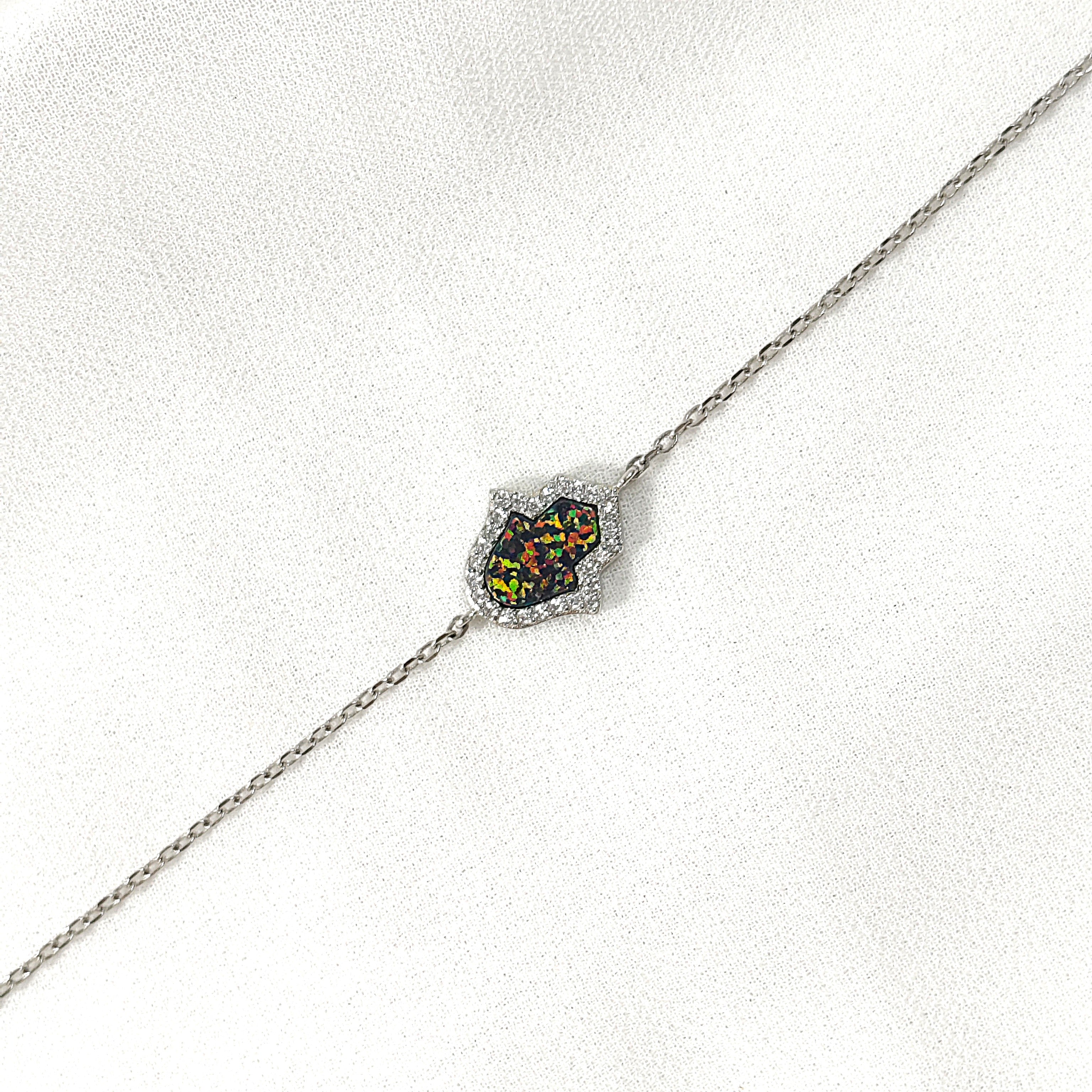 Gourmette Main de Fatma en Argent & Opale Noire – Éclat Mystique & Protection