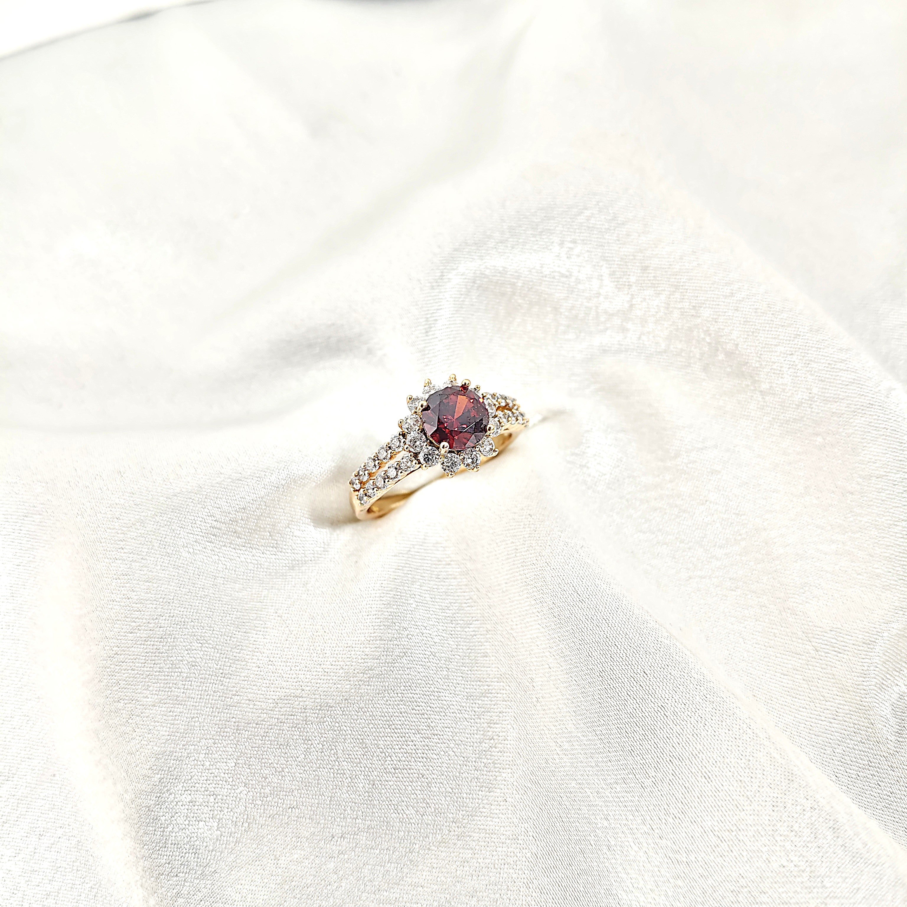 Bague Xuping Plaqué Or Halo & Zircon Bordeaux – Élégance Royale