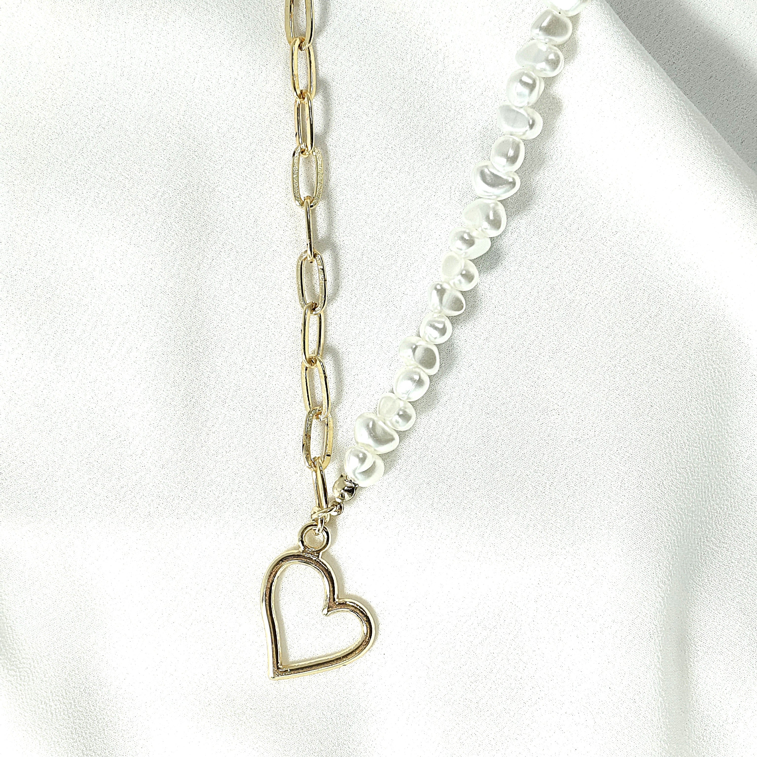 Collier Duo Perles & Chaîne Dorée avec Pendentif Cœur