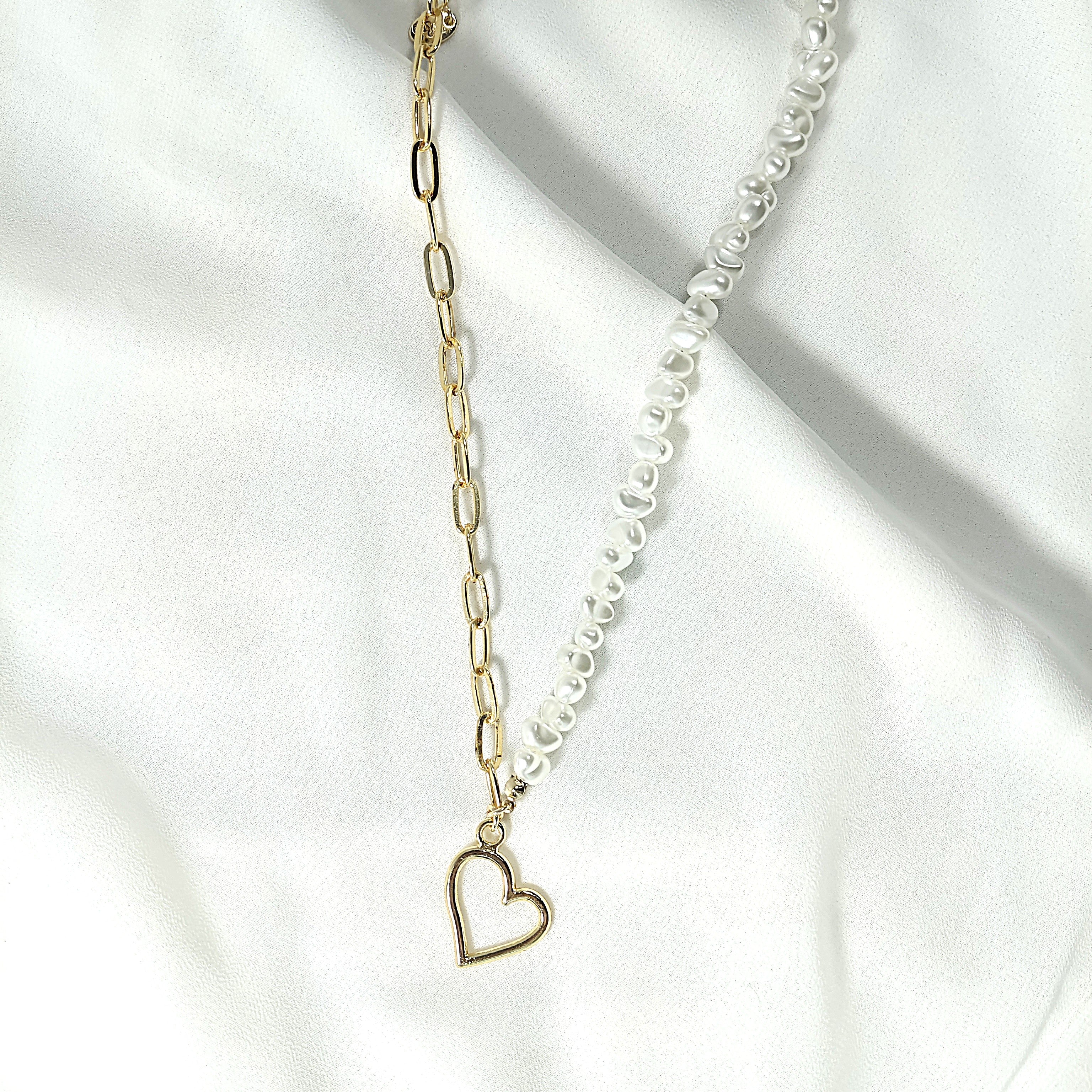 Collier Duo Perles & Chaîne Dorée avec Pendentif Cœur