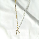 Collier Duo Perles & Chaîne Dorée avec Pendentif Cœur