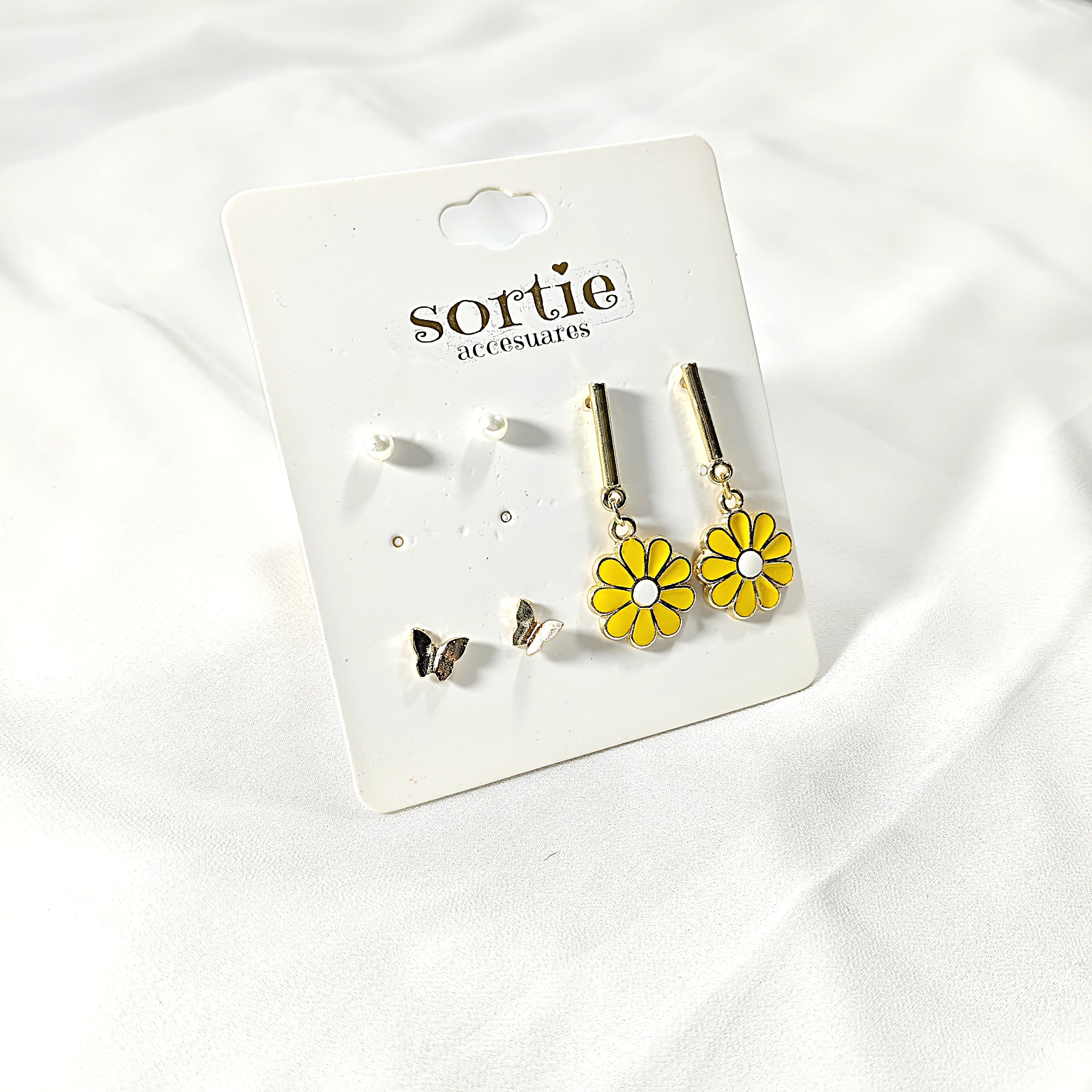 Ensemble de 3 Paires de Boucles d’Oreilles – Perles, Papillons & Fleurs Jaunes – Style Féminin & Printanier