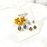 Ensemble de 3 Paires de Boucles d’Oreilles – Fleurs & Coquillages Dorés – Style Tropical Chic