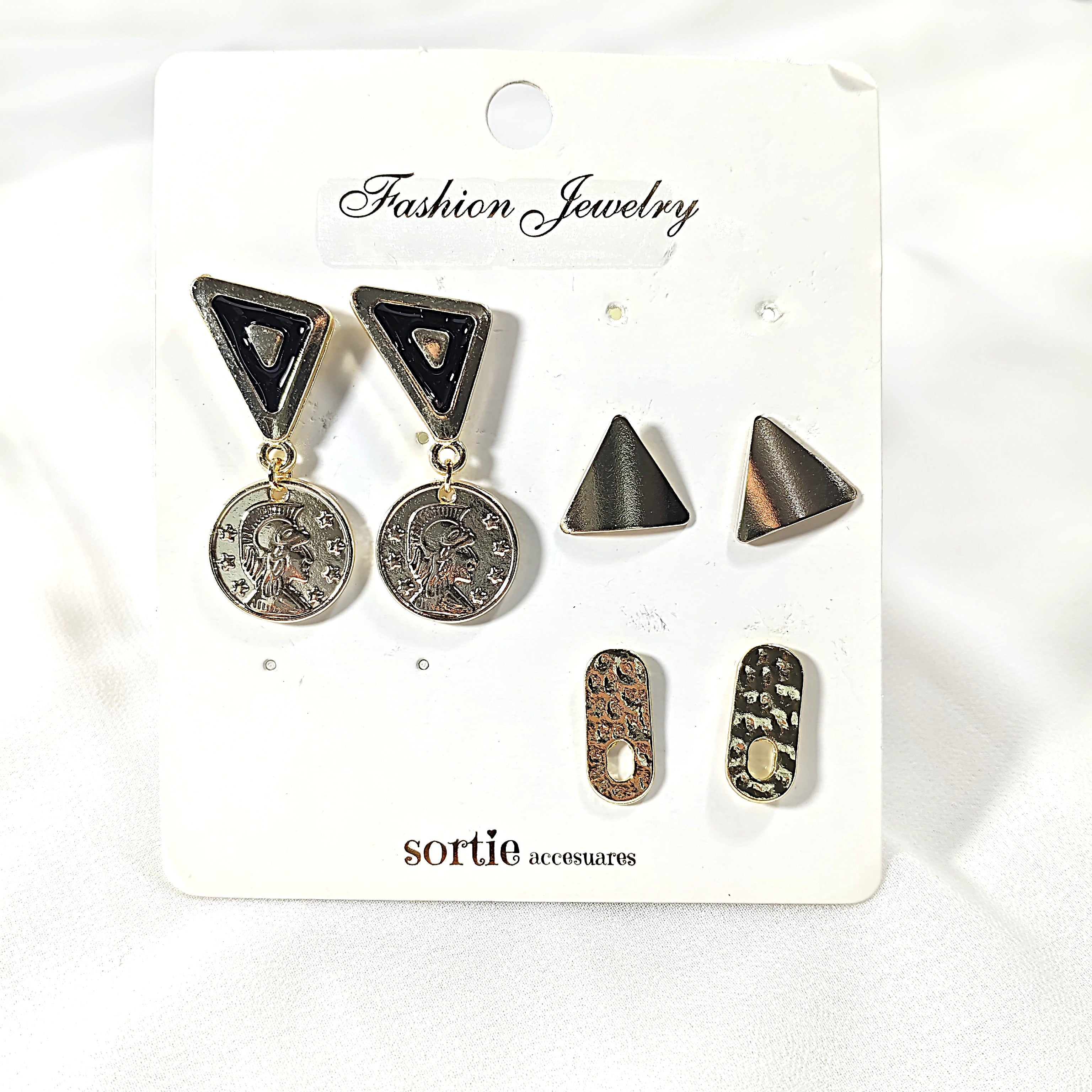 Ensemble de 3 Paires de Boucles d’Oreilles – Triangles Noirs, Pièces Médaille & Motifs Texturés – Style Chic & Moderne