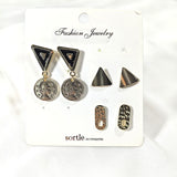 Ensemble de 3 Paires de Boucles d’Oreilles – Triangles Noirs, Pièces Médaille & Motifs Texturés – Style Chic & Moderne