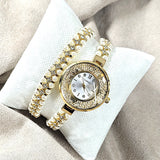 Montre Élégance Perle & Cristaux – Bracelet Doré Luxe Femme