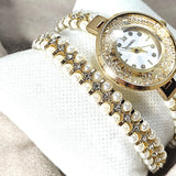 Montre Élégance Perle & Cristaux – Bracelet Doré Luxe Femme