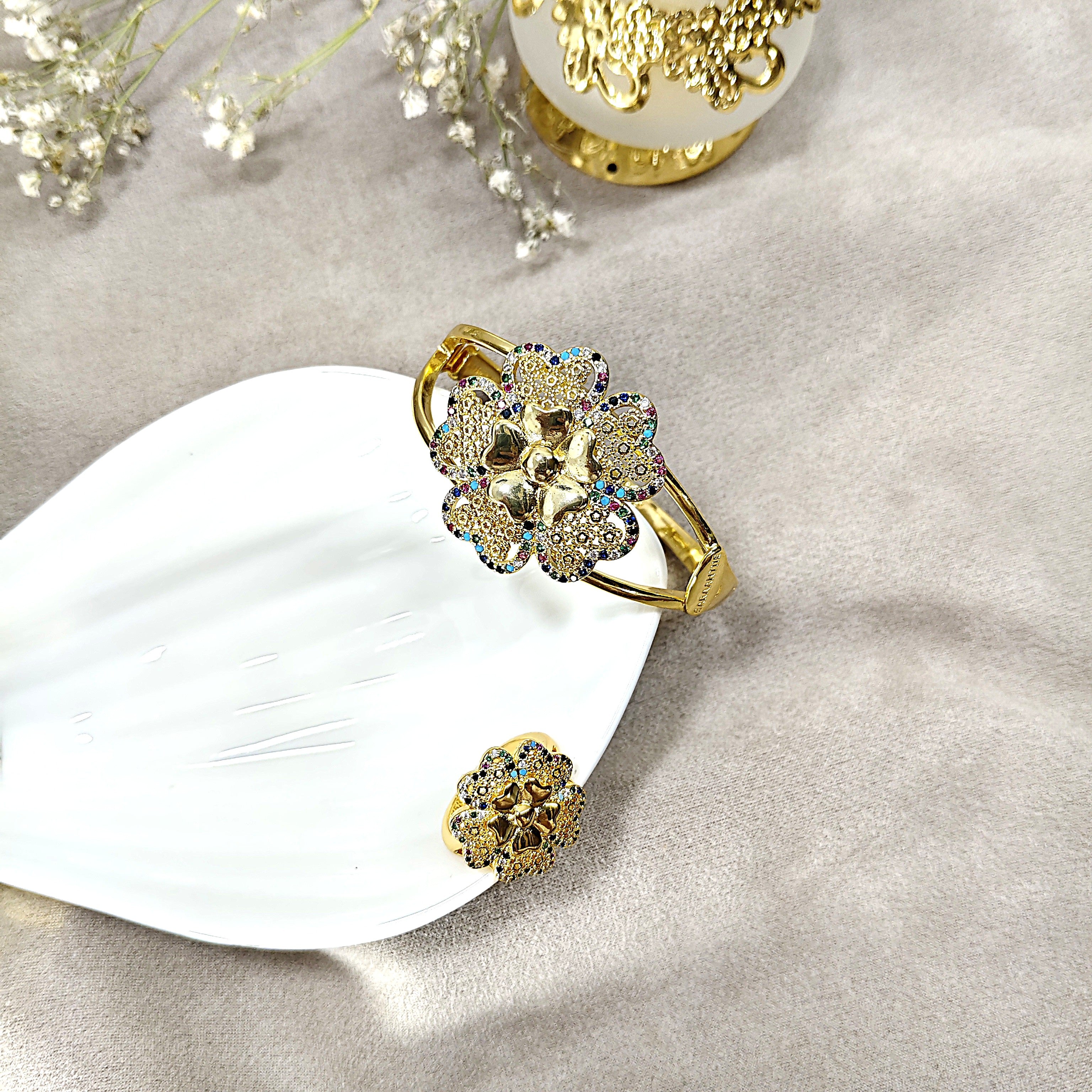 Parure Fleur Royale – Bague & Bracelet en Plaqué Or