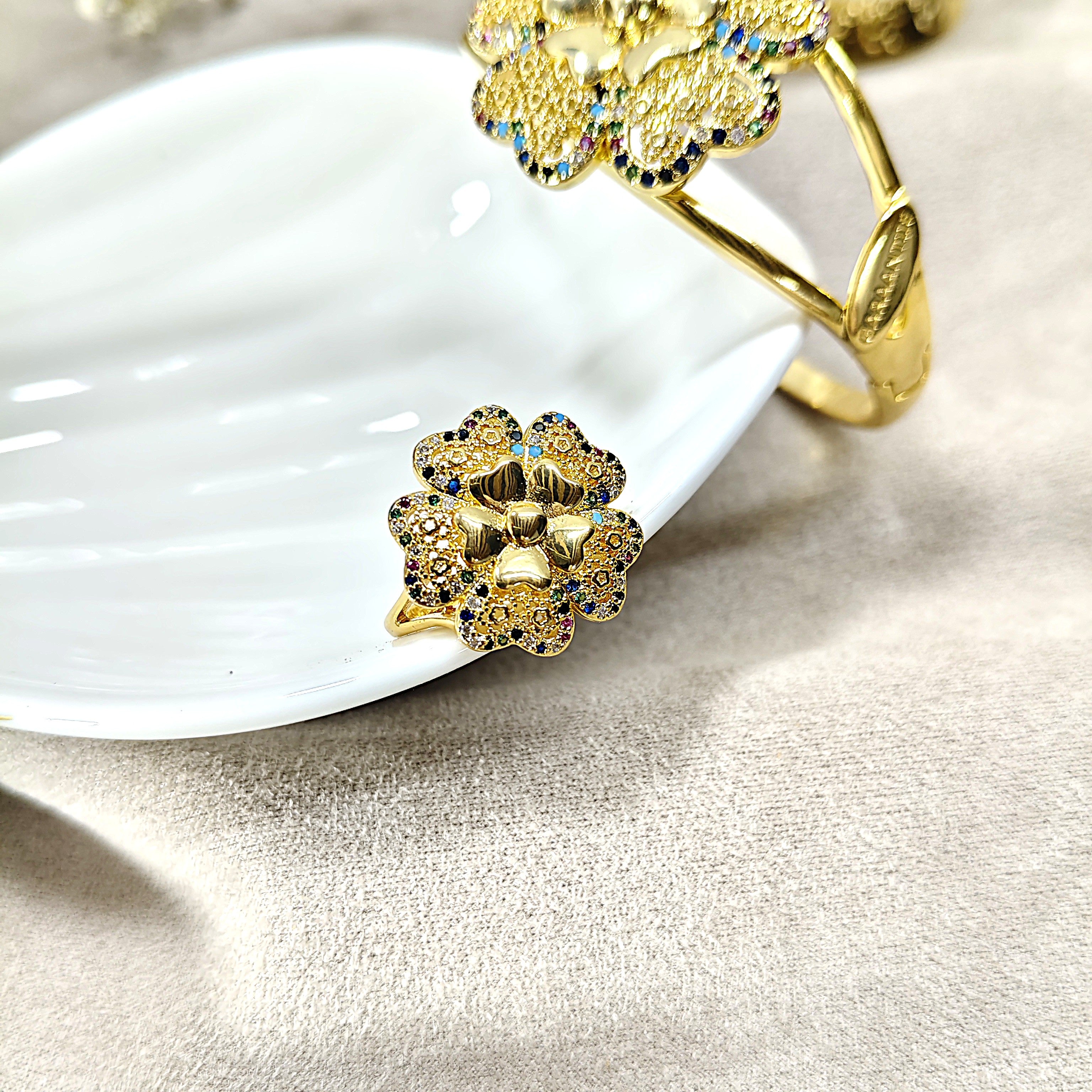 Parure Fleur Royale – Bague & Bracelet en Plaqué Or