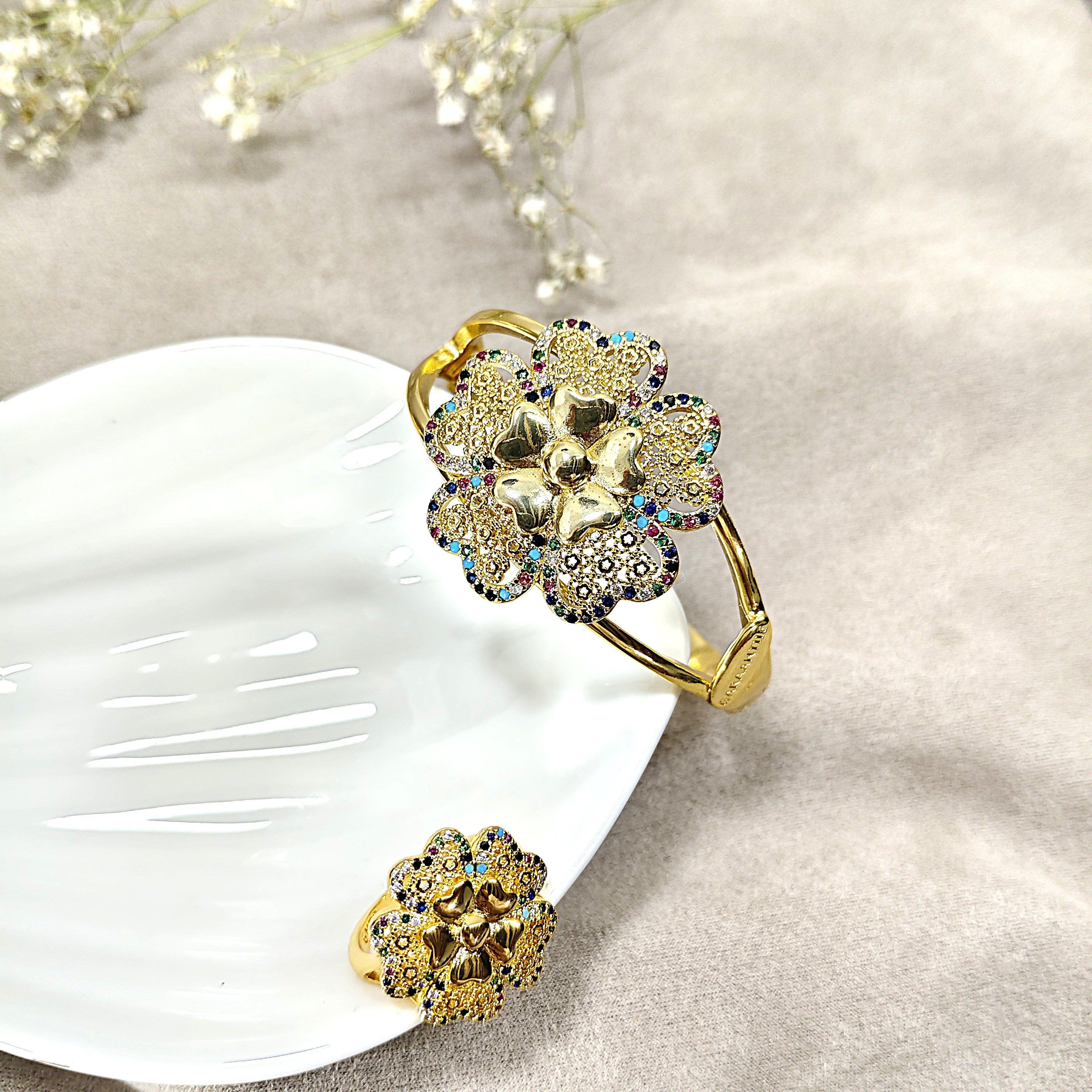 Parure Fleur Royale – Bague & Bracelet en Plaqué Or