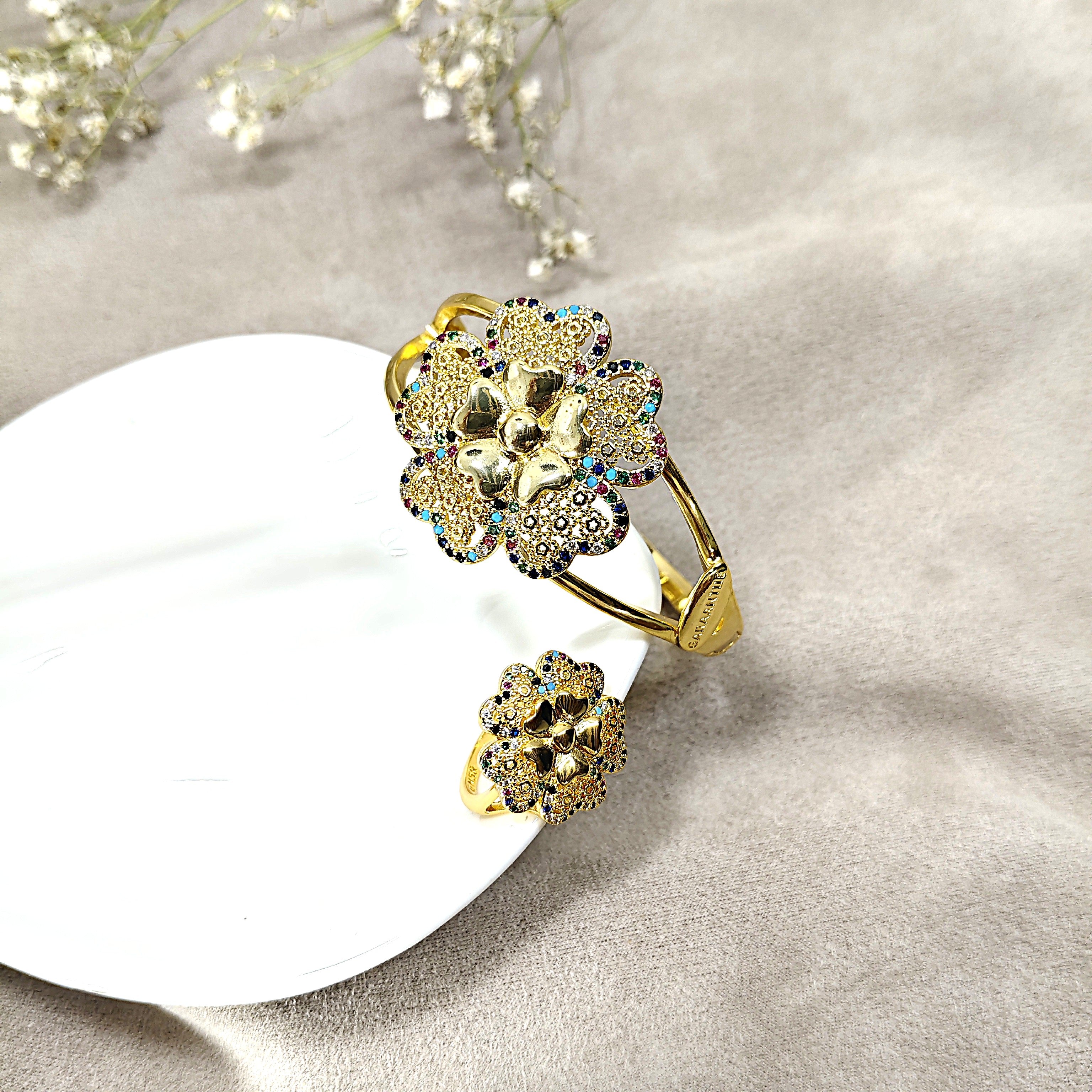 Parure Fleur Royale – Bague & Bracelet en Plaqué Or