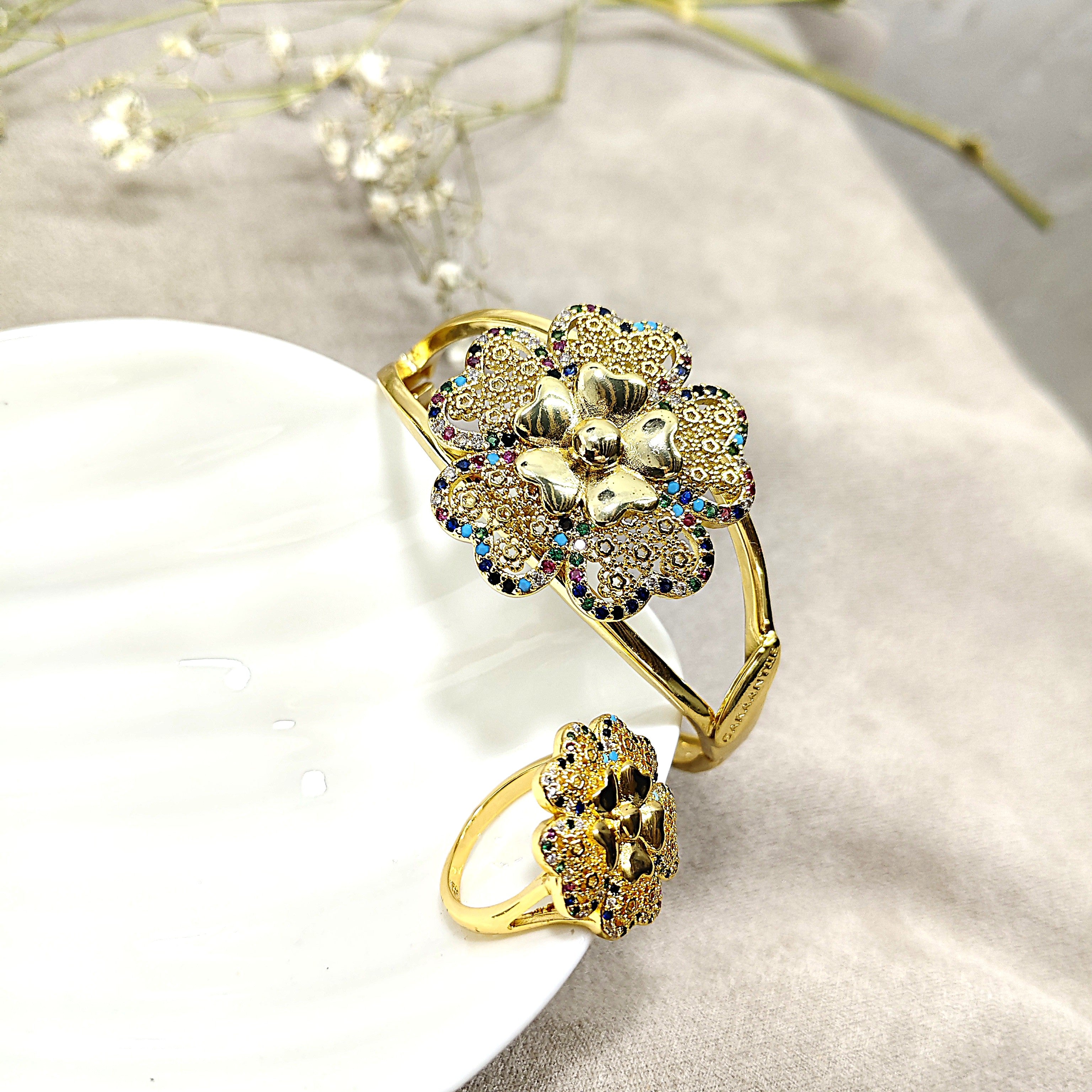 Parure Fleur Royale – Bague & Bracelet en Plaqué Or