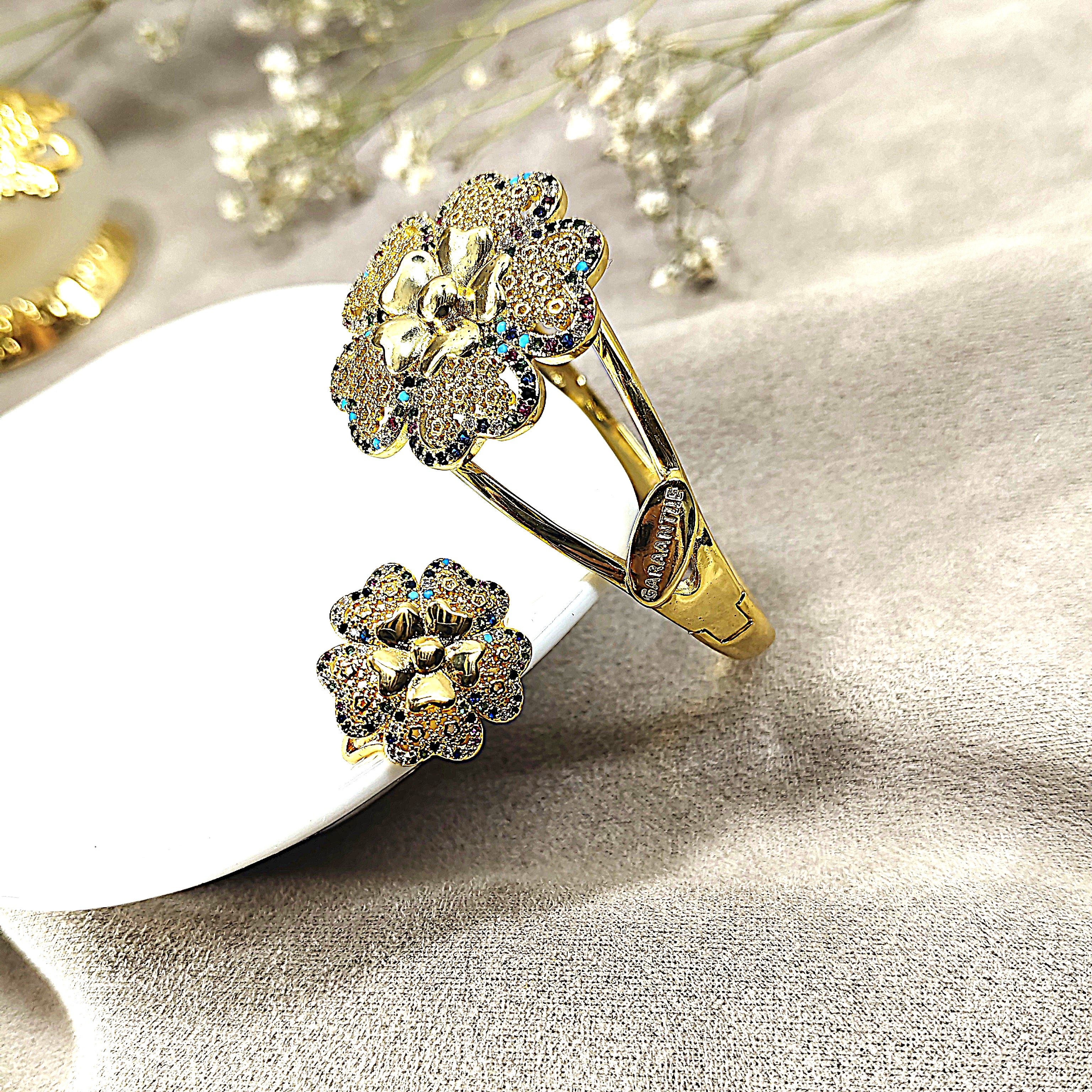 Parure Fleur Royale – Bague & Bracelet en Plaqué Or