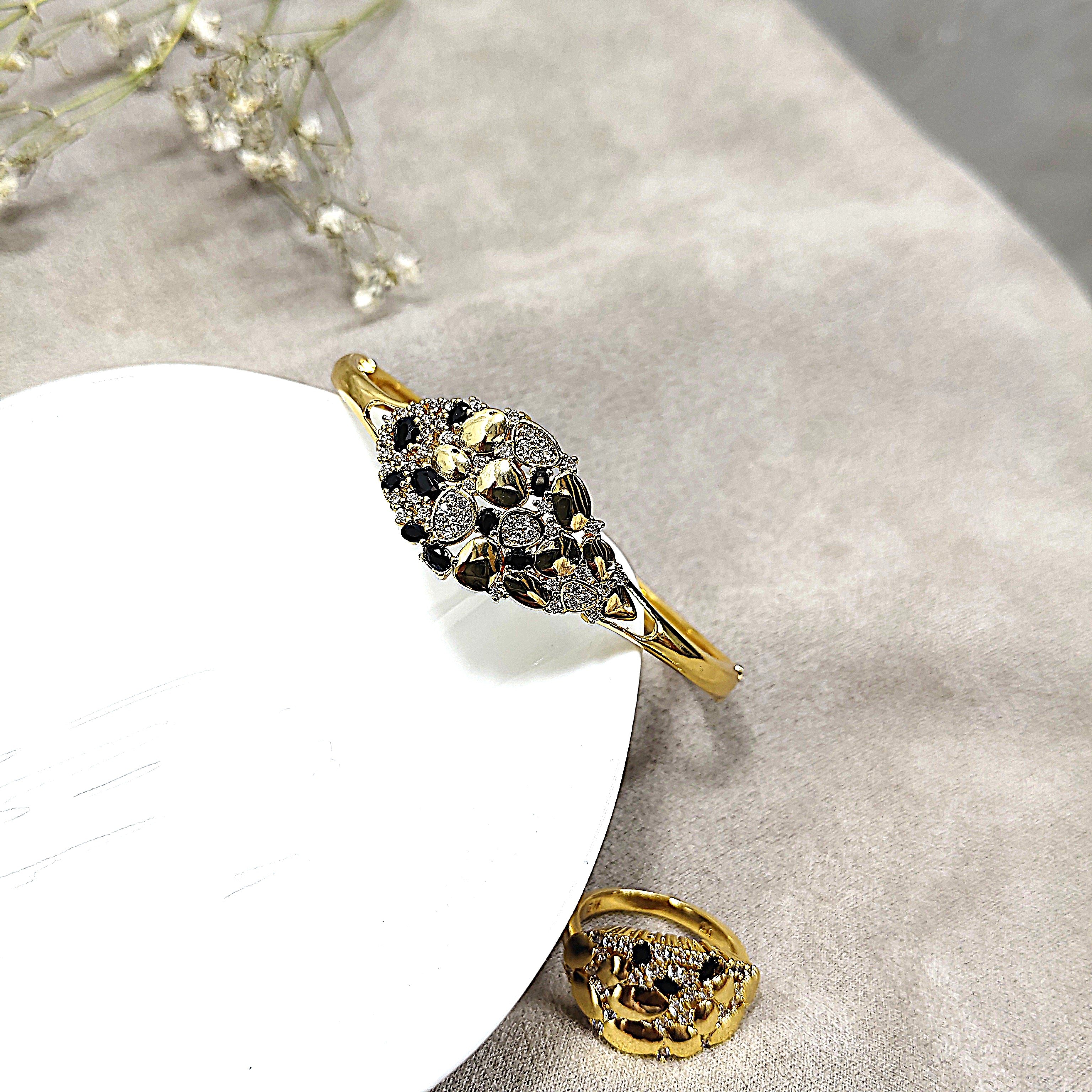 Parure Prestige Noir & Or – Bague & Bracelet en Plaqué Or