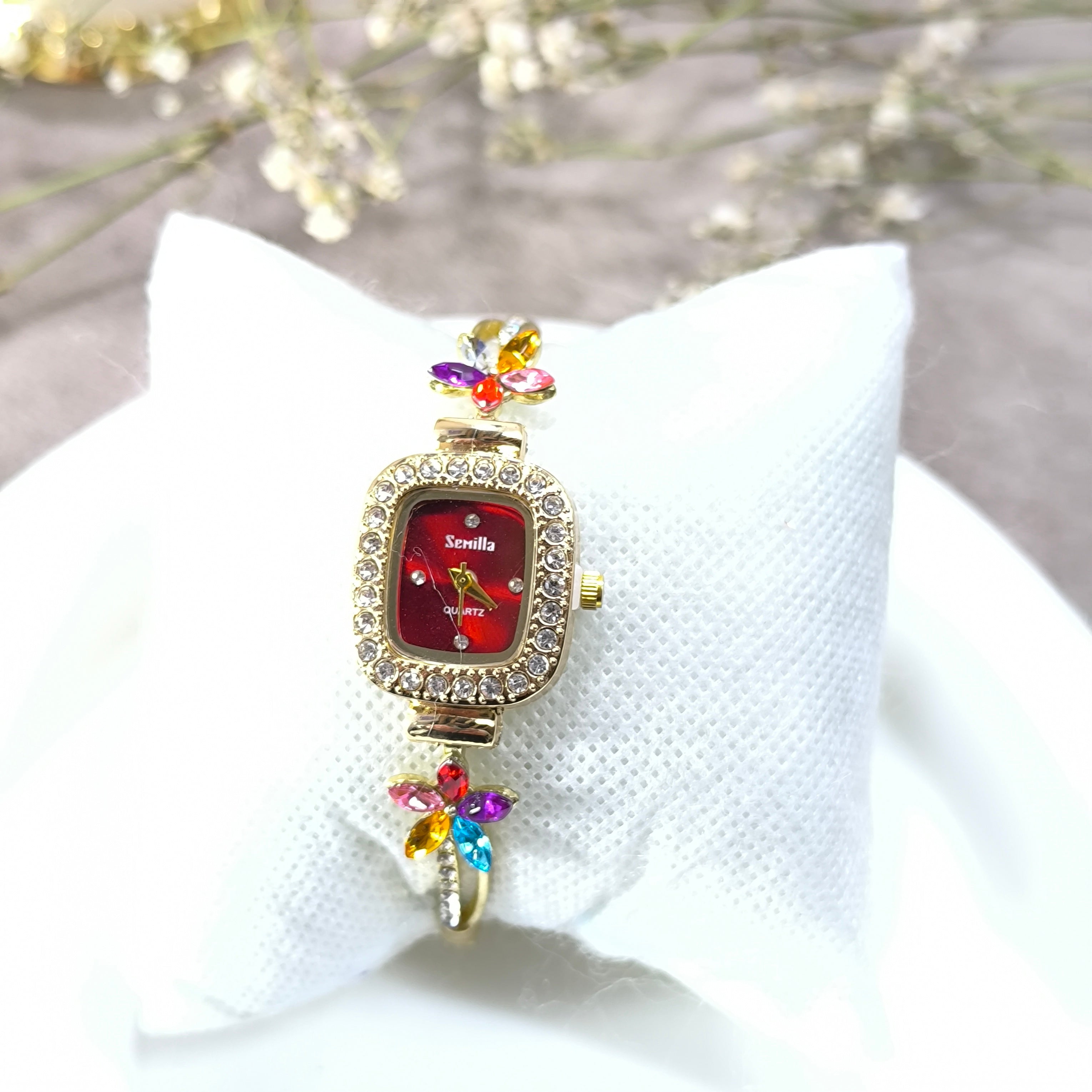 Montre Femme Bijou Cristal Multicolore – Élégance Glamour Dorée