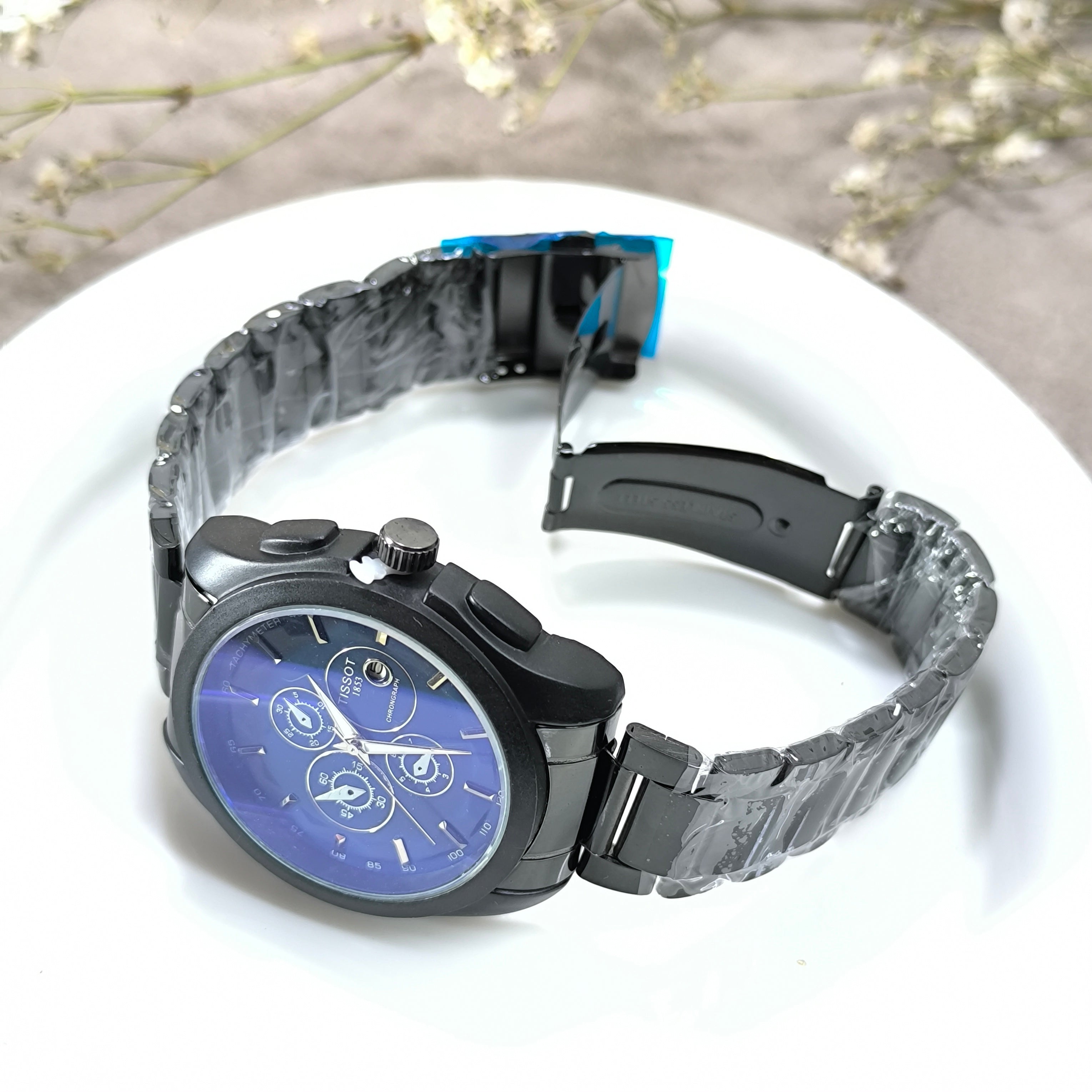 Montre Homme Chronographe Noir & Bleu – Style Luxe Moderne