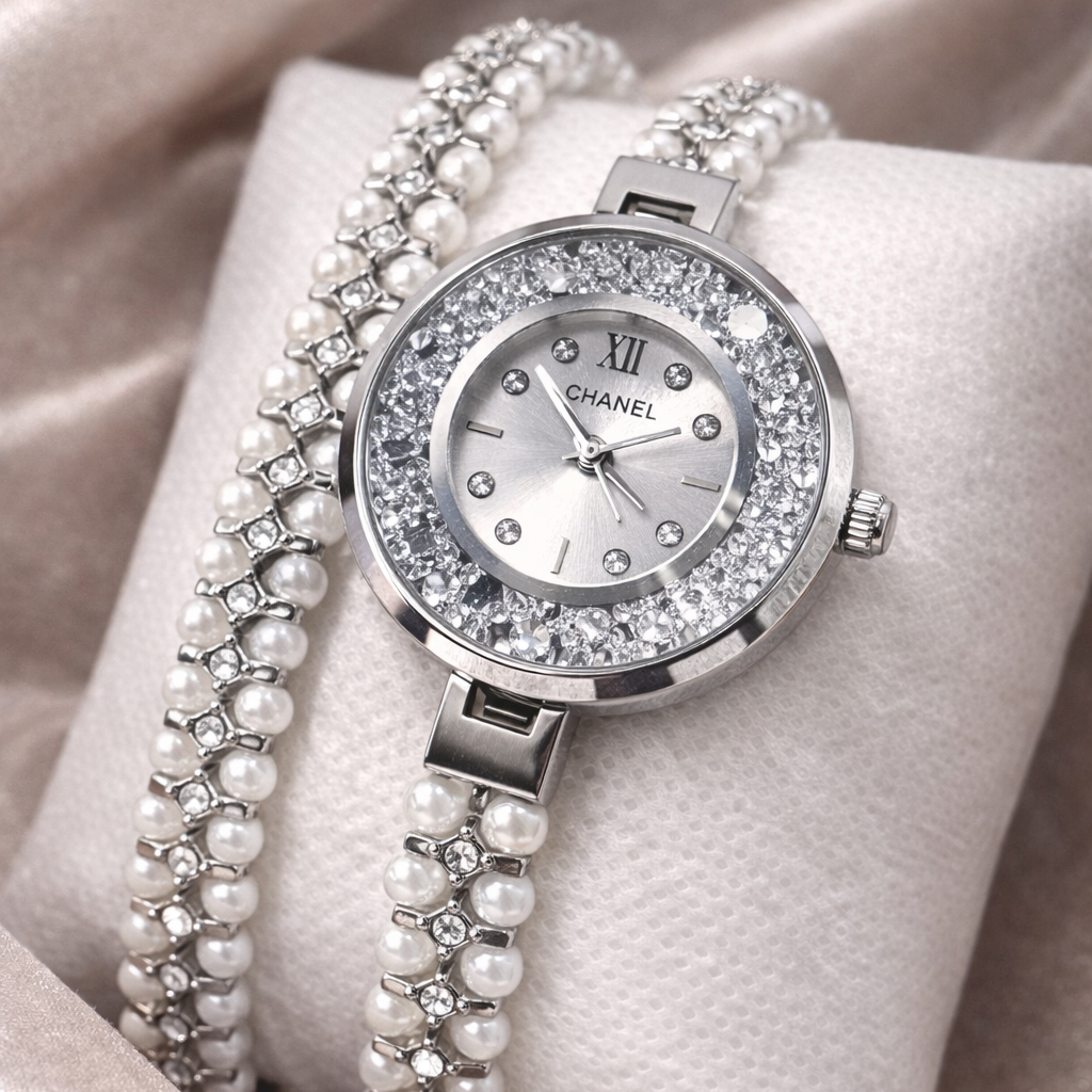 Montre Élégance Perle & Cristaux – Bracelet Doré Luxe Femme