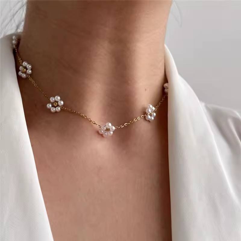 Parure Fleur Perle Dorée – Collier & Bracelet en Acier Inoxydable