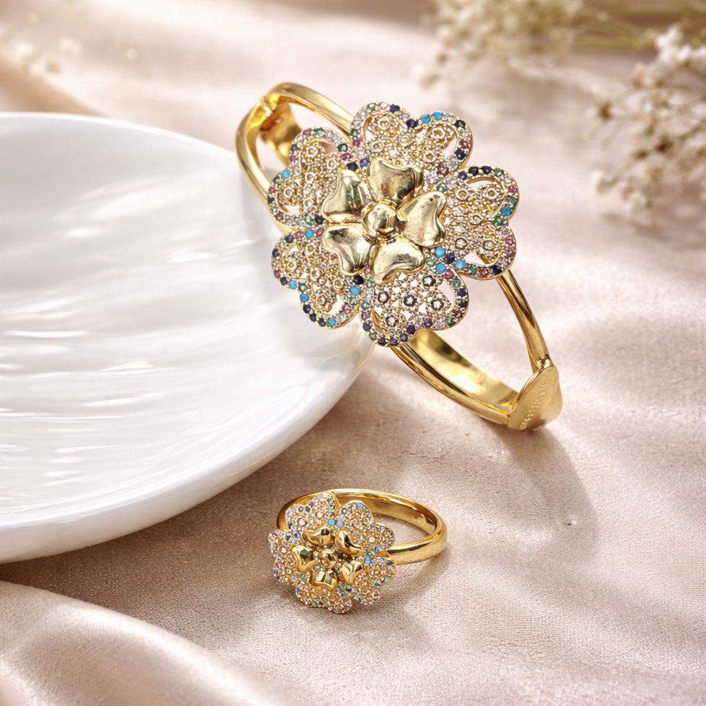 Parure Fleur Royale – Bague & Bracelet en Plaqué Or