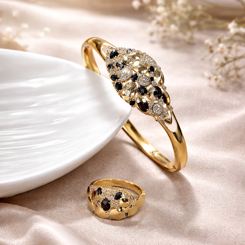 Parure Prestige Noir & Or – Bague & Bracelet en Plaqué Or