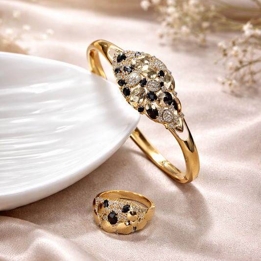 Parure Prestige Noir & Or – Bague & Bracelet en Plaqué Or