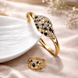 Parure Prestige Noir & Or – Bague & Bracelet en Plaqué Or