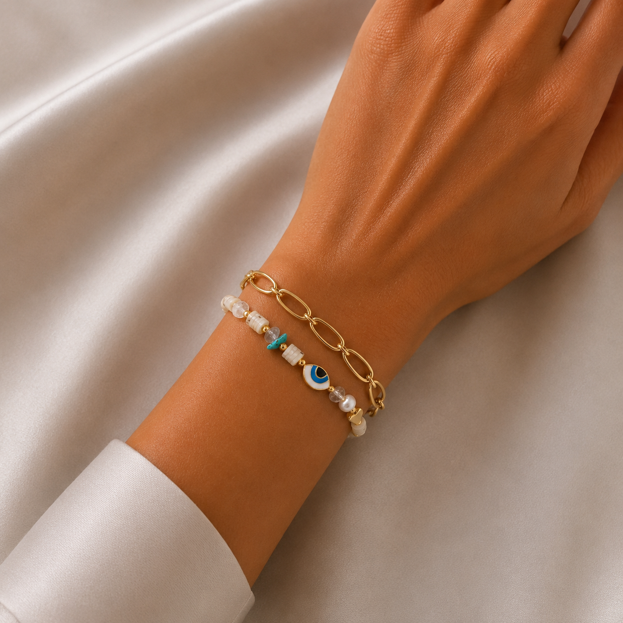 🧿 Bracelet Double Rang Œil Protecteur & Perles Élégantes
