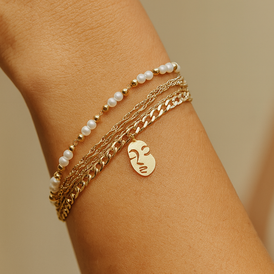 Bracelet Fantaisie Doré Multi-Rangs “Mask Art” Perles & Chaînes