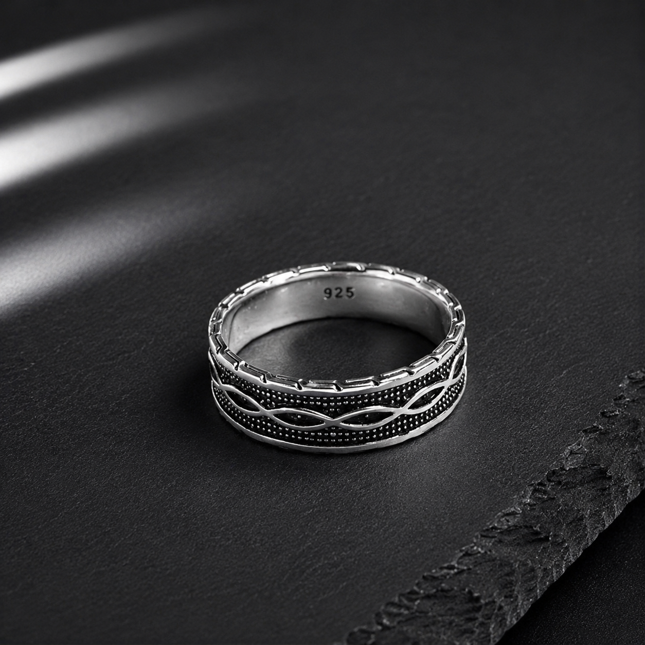 Bague Homme Argent 925 Style Tressé Noir Élégant