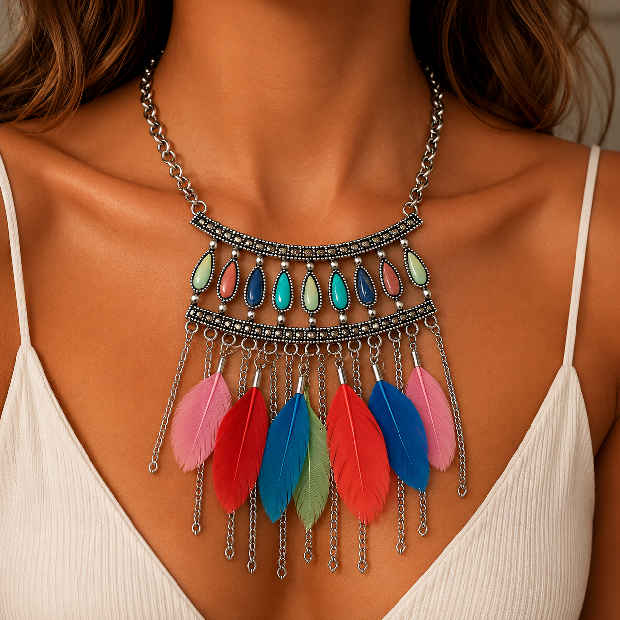🪶 Collier Bohème Plumes Colorées