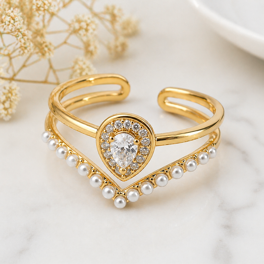 Bague Ouverte Élégante Plaquée Or avec Zircon et Perles