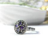 Bague Antique Ronde en Argent & Bronze – Pierres Violettes et Cristaux