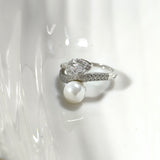 Bague Argent Perle Royale – Double Anneau & Cristaux Scintillants