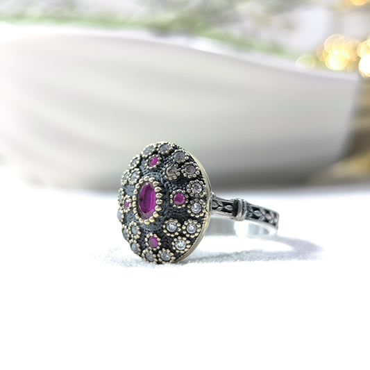 Bague Antique Ovale en Argent & Bronze – Pierre Violette et Cristaux