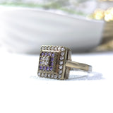 Bague Antique Carrée en Argent & Bronze – Cristaux et Pierres Violettes