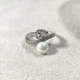Bague Argent Perle Royale – Double Anneau & Cristaux Scintillants