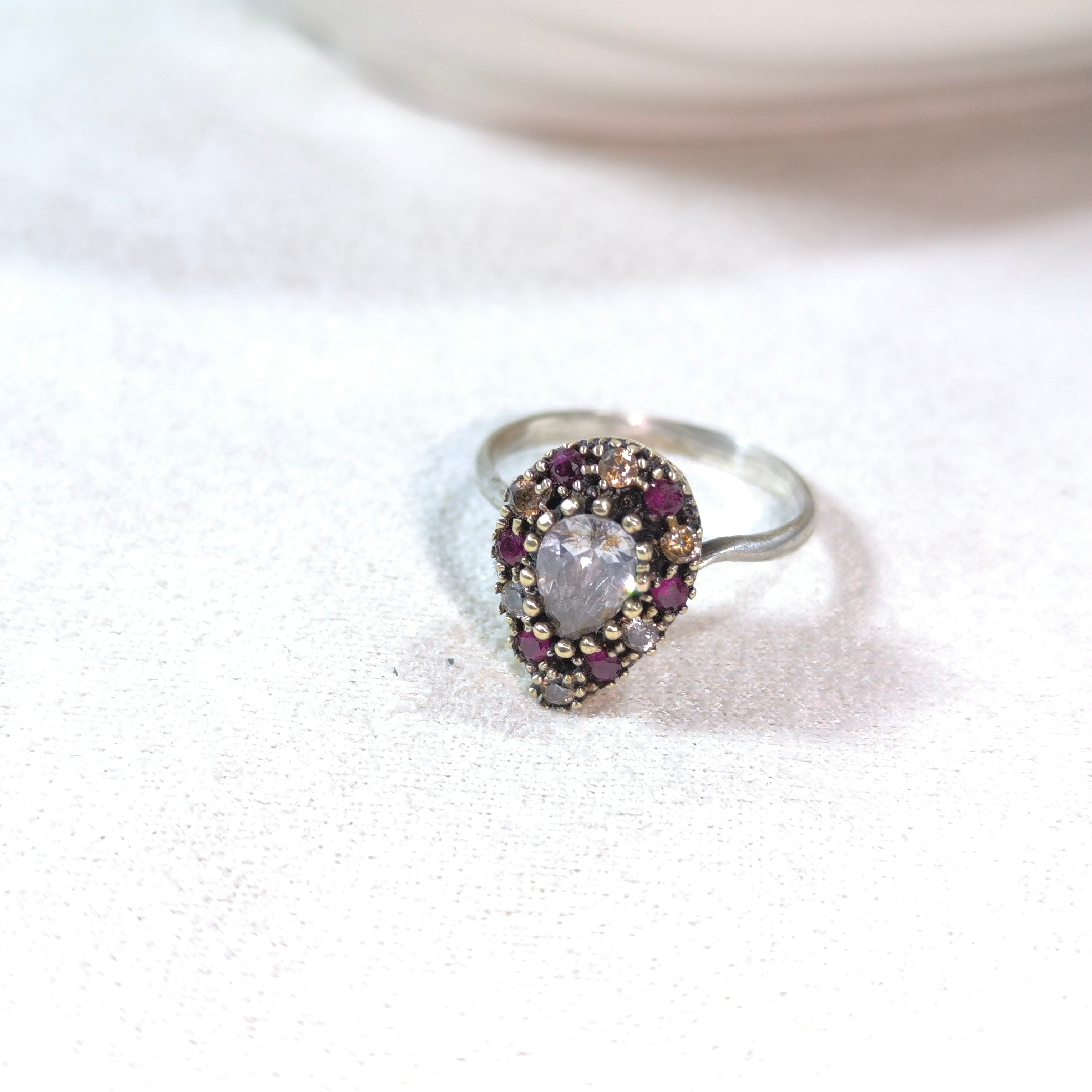 Bague Antique Goutte en Argent & Bronze – Pierres Serties Multicolores