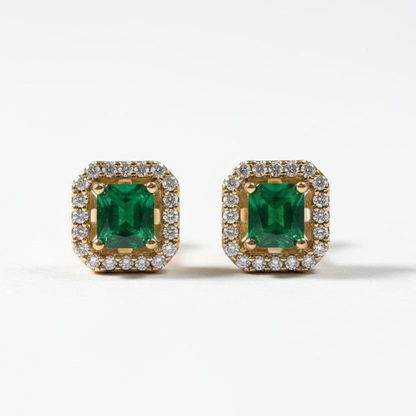 Boucles d’Oreilles Carré Prestige – Pierre Verte & Cristaux Brillants