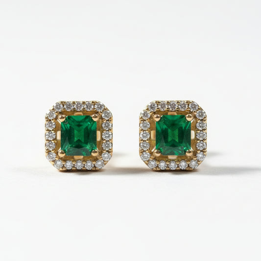 Boucles d’Oreilles Carré Prestige – Pierre Verte & Cristaux Brillants
