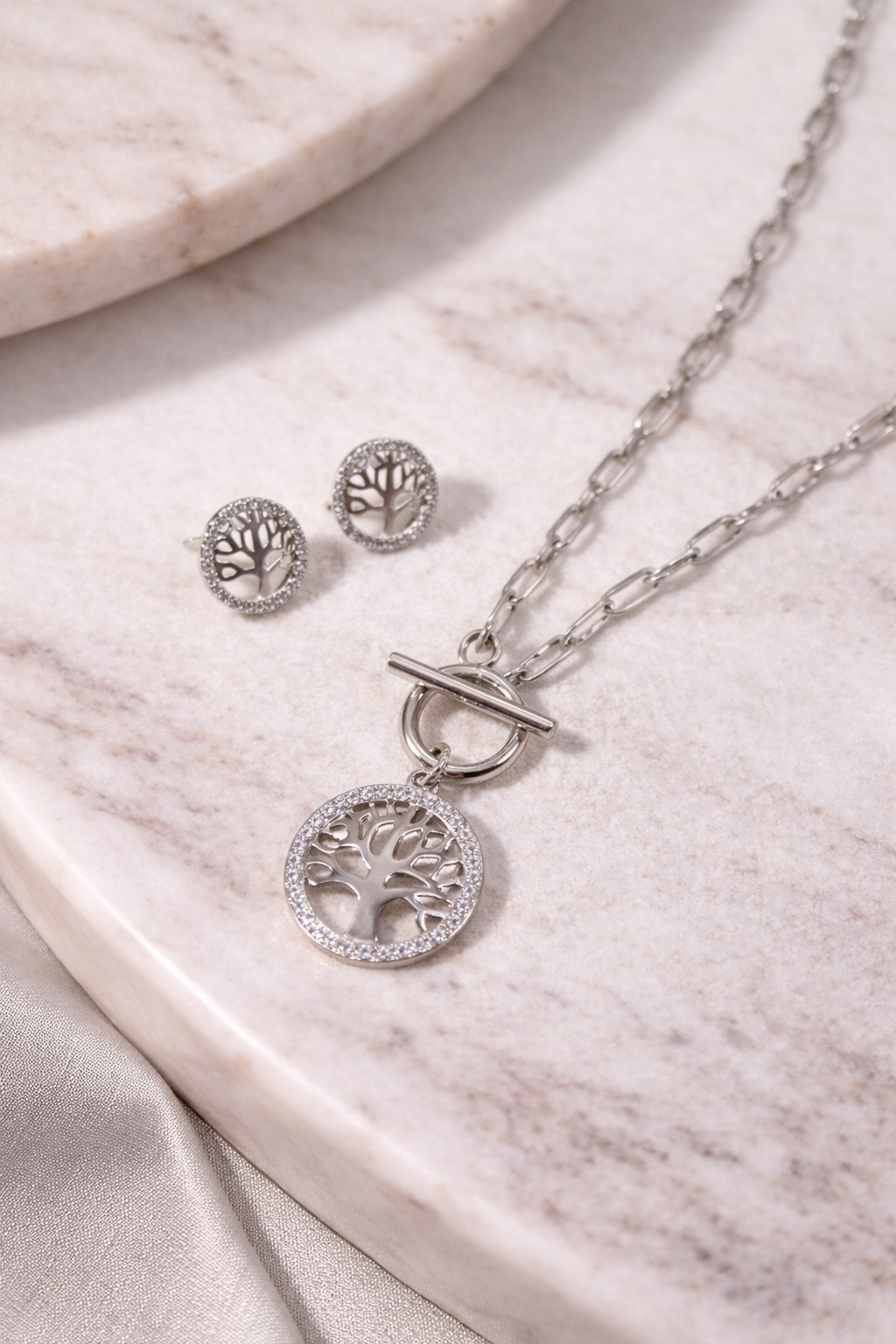 Parure Arbre de Vie Lumineuse – Collier & Boucles d’Oreilles en Acier Inoxydable Doré