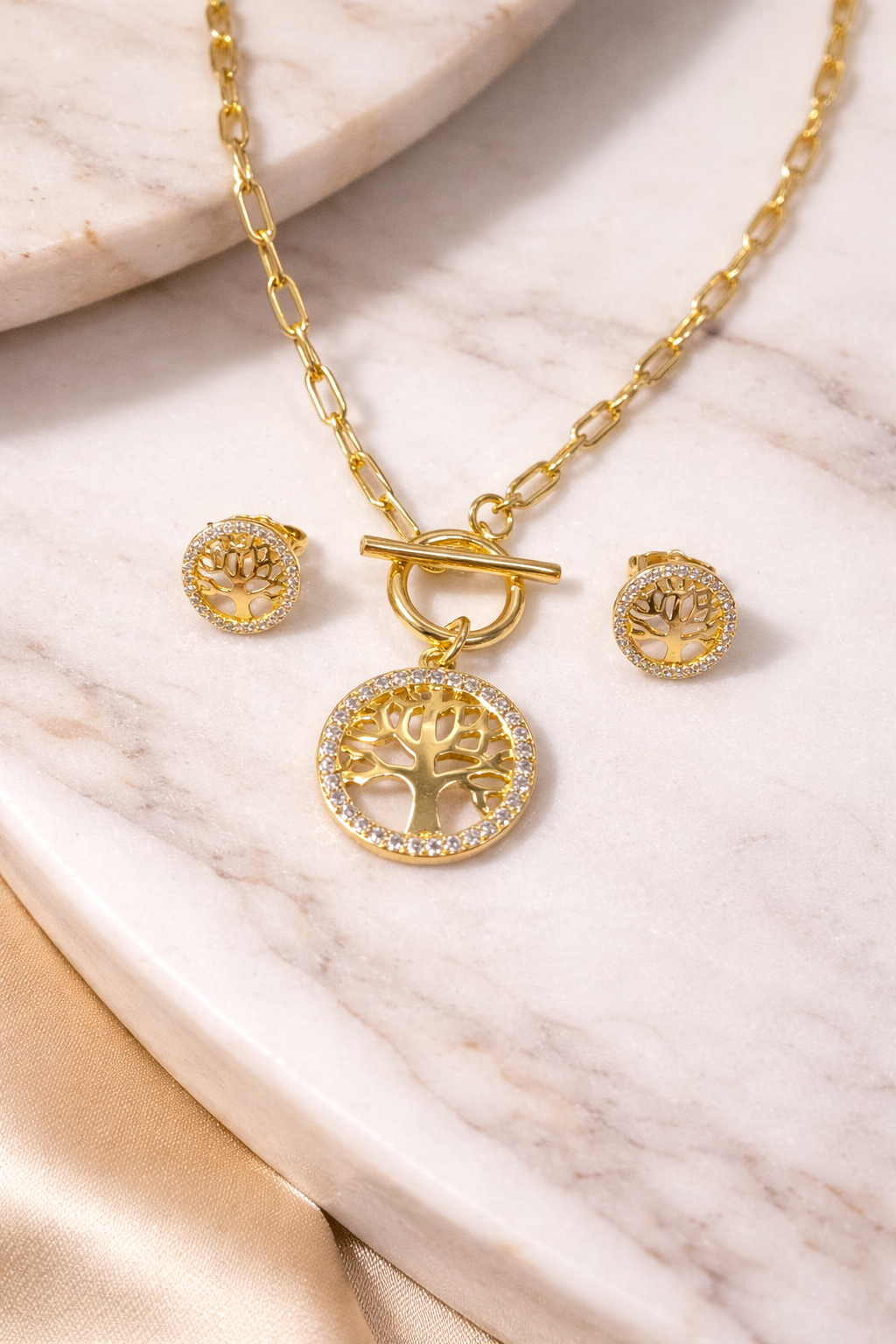Parure Arbre de Vie Lumineuse – Collier & Boucles d’Oreilles en Acier Inoxydable Doré