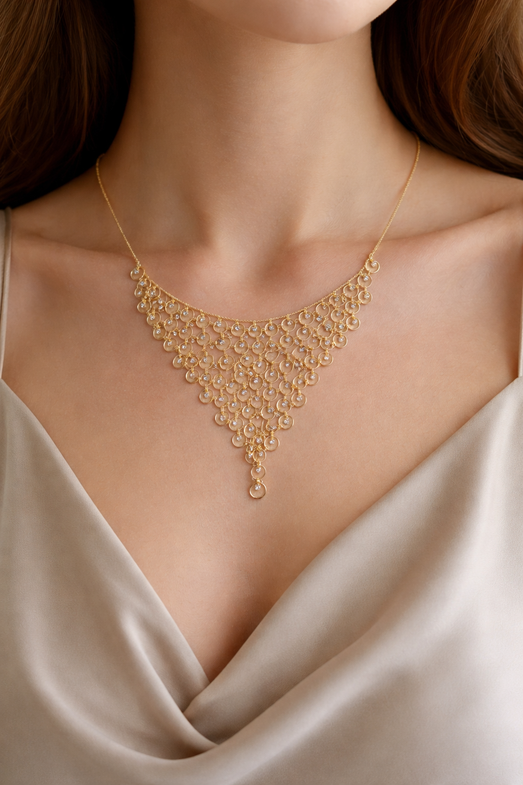 Collier Cascade Élégance – Acier Inoxydable Doré & Cristaux Brillants