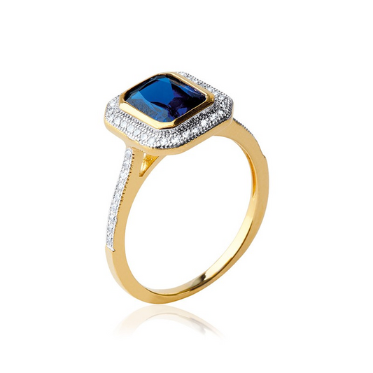 Bague royale saphir bleu en plaqué or – Garantie 10 ans